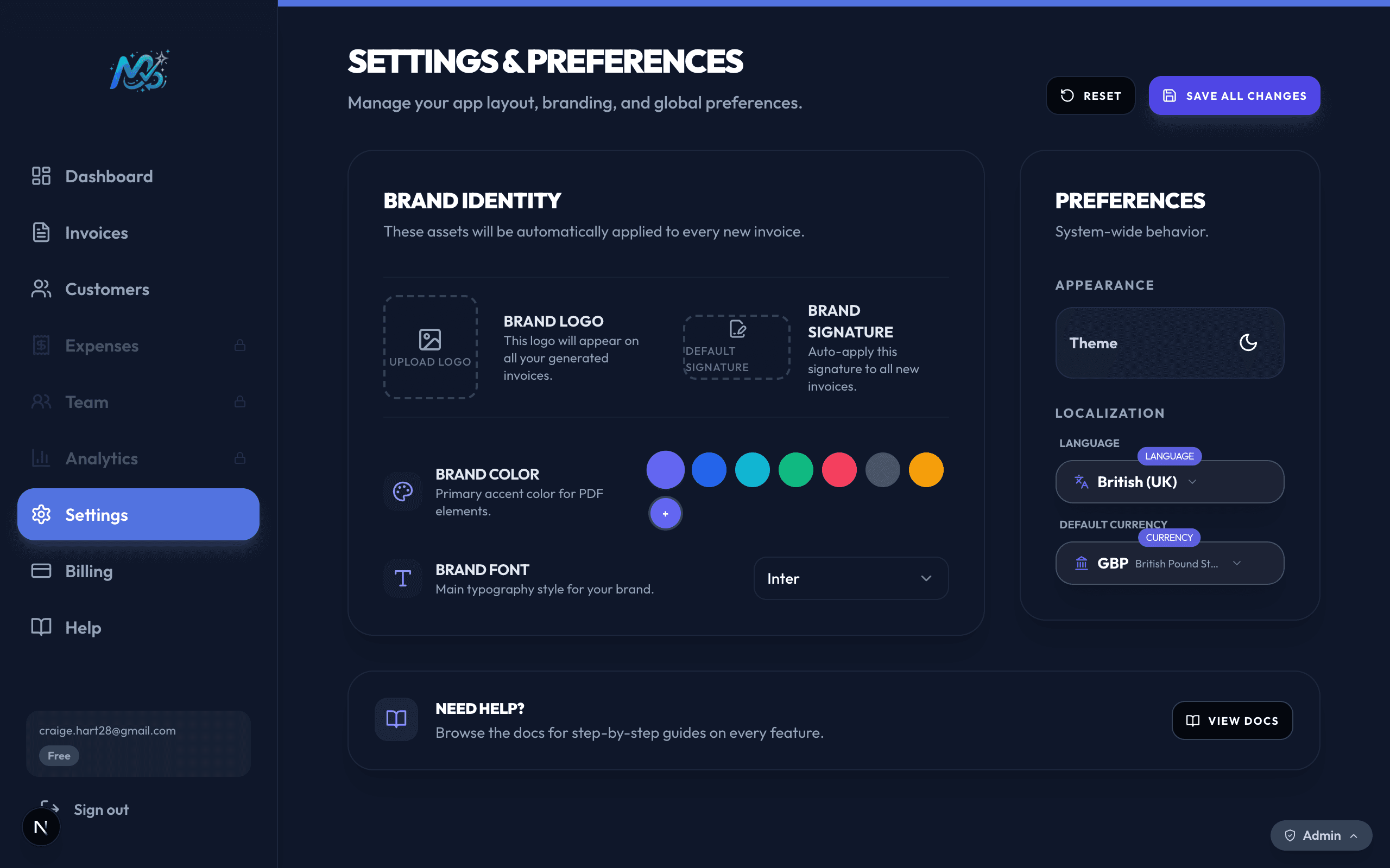 Settings and brand identity panel